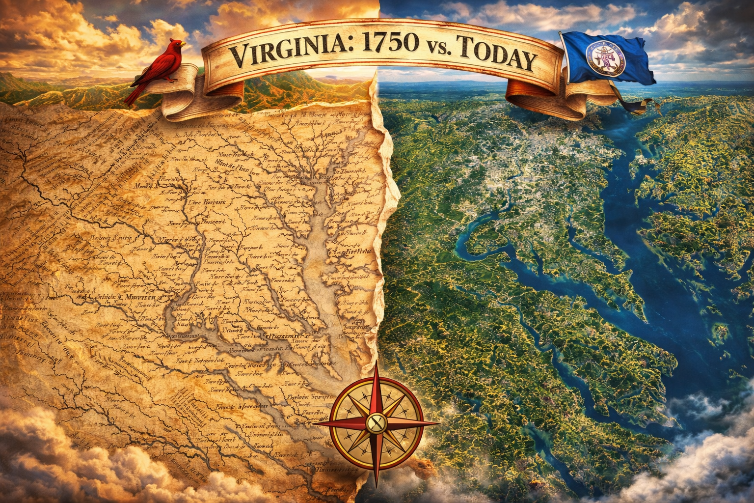 Comparison of colonial Virginia map from the 1700s and modern aerial view of the Northern Neck and Chesapeake Bay region