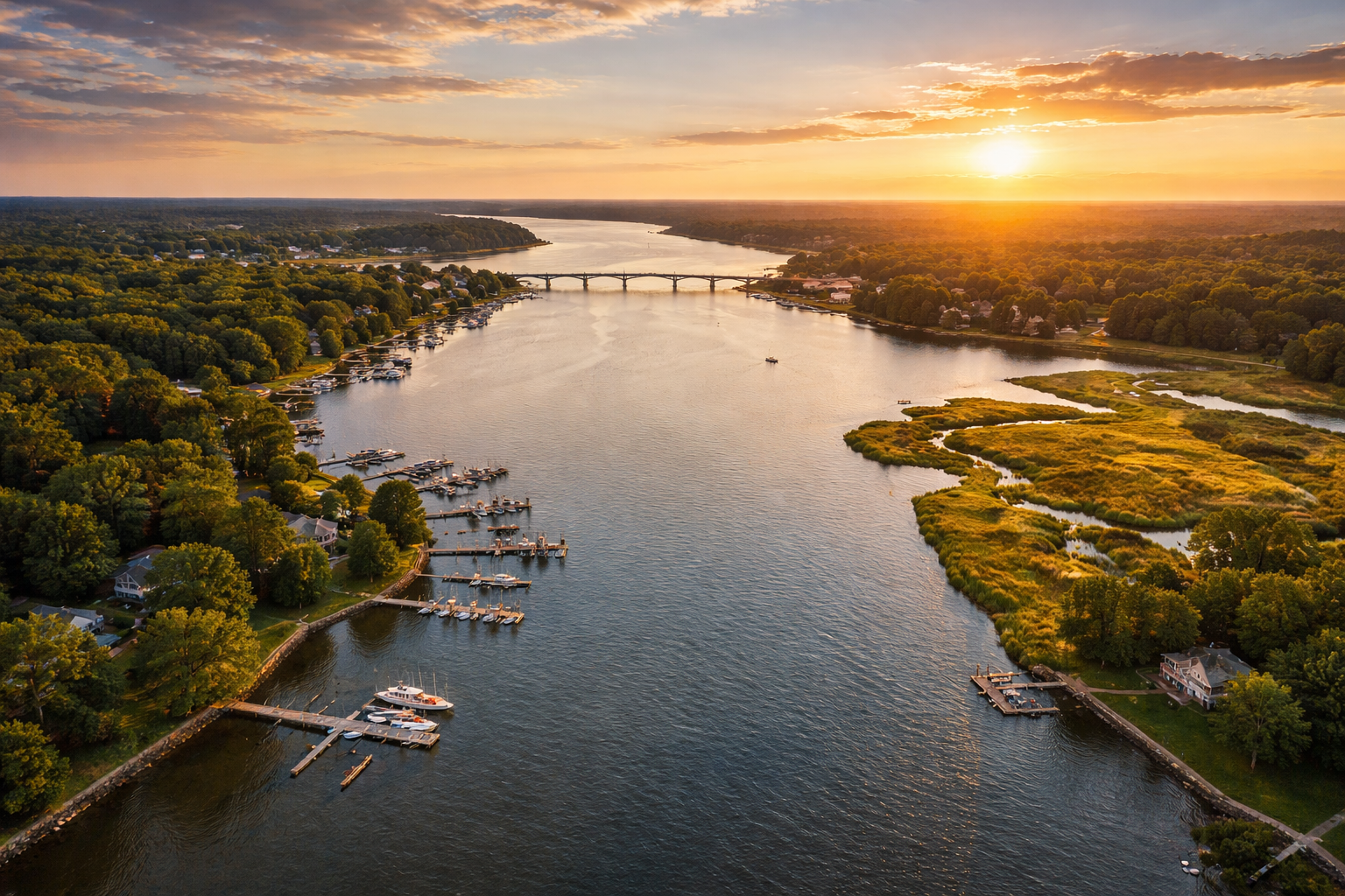 Aerial view of the Rappahannock River flowing through Virginia's Northern Neck region near Tappahannock