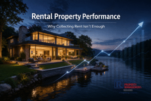 Luxury rental property with upward performance graph illustrating rental property performance and asset growth strategy
