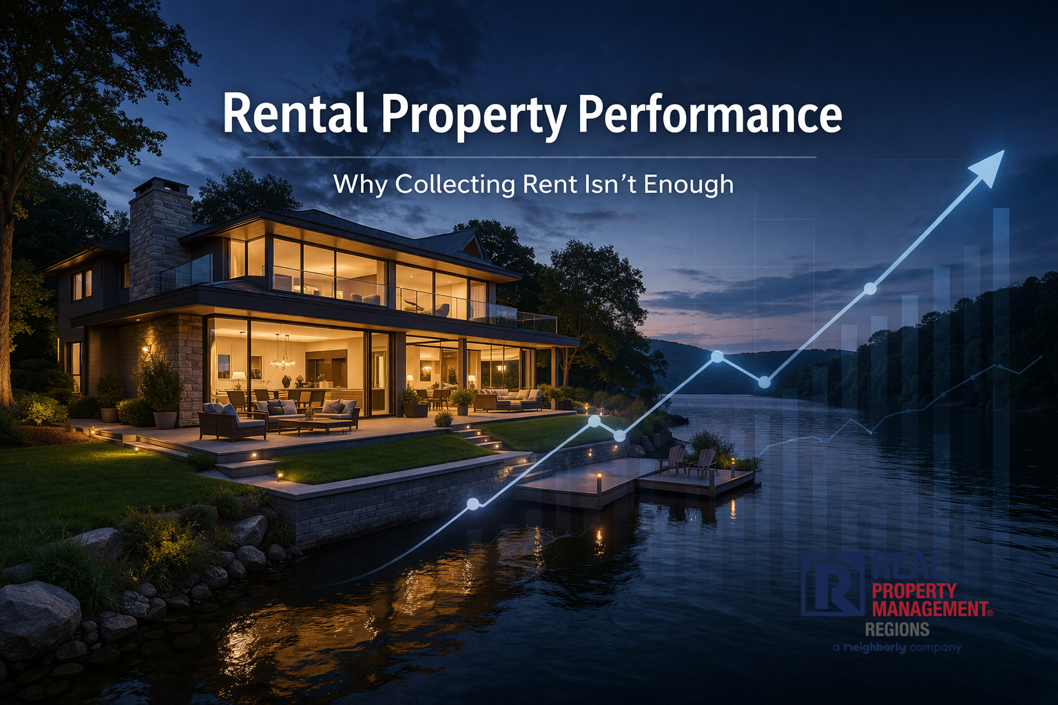 Luxury rental property with upward performance graph illustrating rental property performance and asset growth strategy