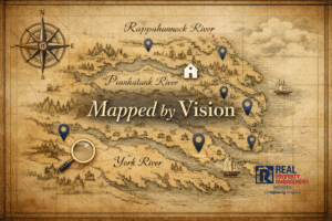Map of Virginia Middle Peninsula highlighting York River, Rappahannock River, and Piankatank River real estate regions