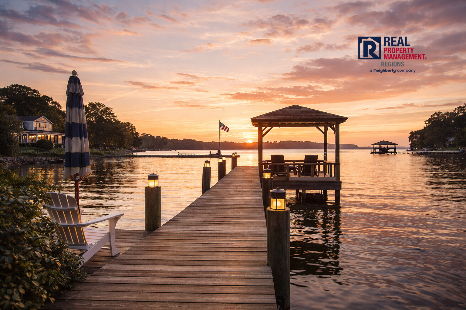 Waterfront dock at sunset in Virginia Middle Peninsula rental market area
