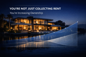 Luxury waterfront rental property at dusk with overlay showing increasing equity and decreasing mortgage balance over time through amortization