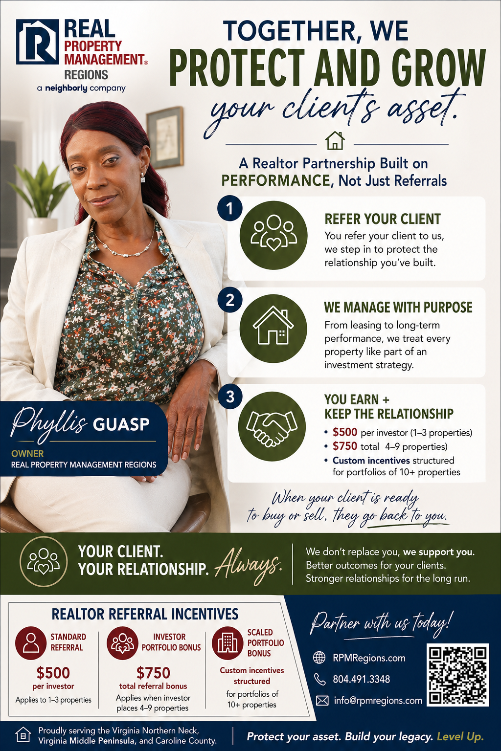 Realtor partnership poster from Real Property Management Regions focused on protecting client assets and relationships.