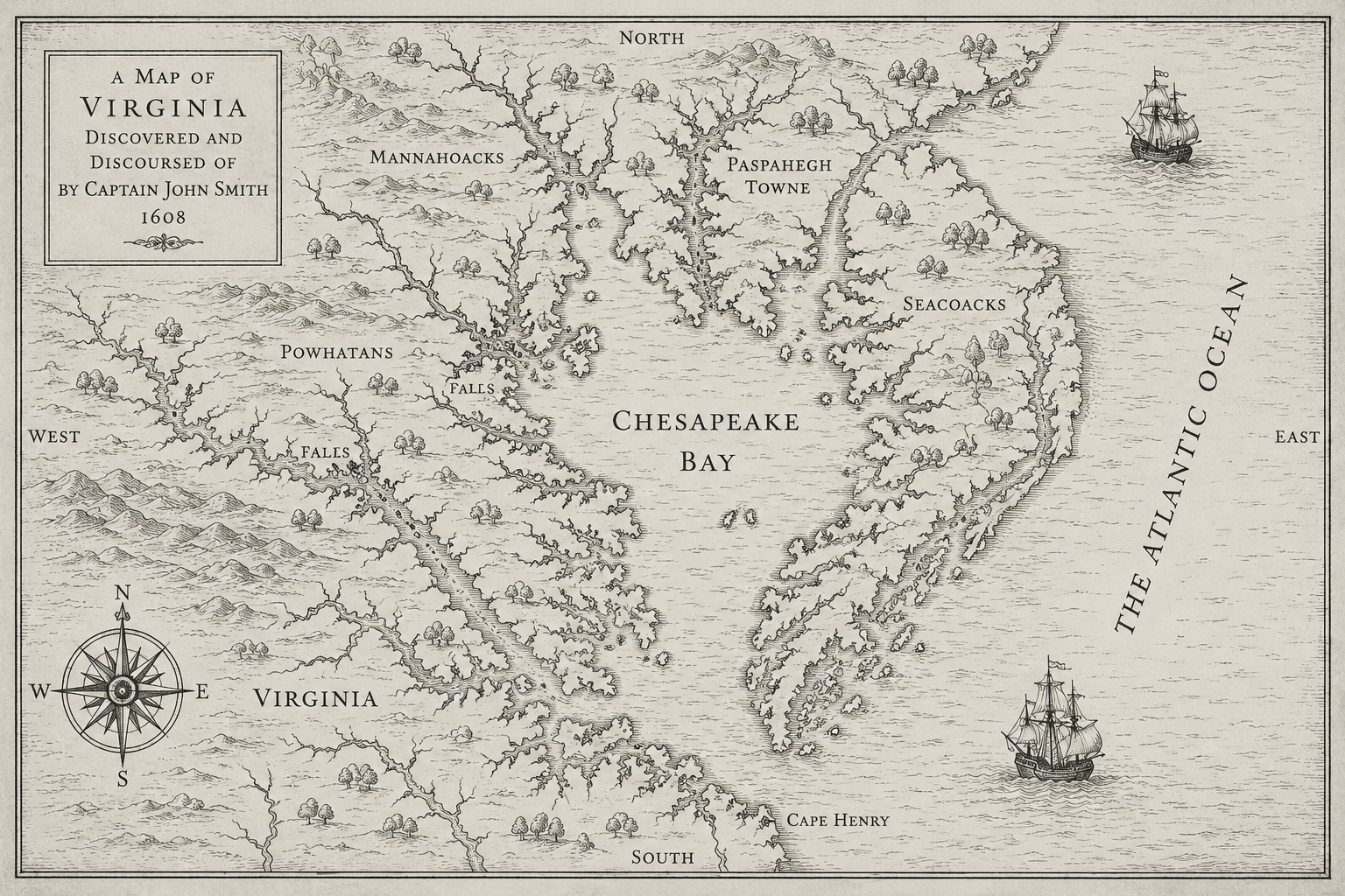 Historic 1608 map of Virginia and the Chesapeake Bay created by Captain John Smith during his exploration of the region.