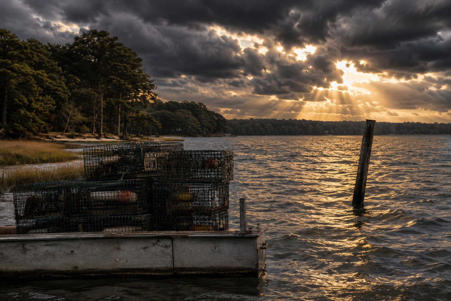 Crab pots along the waterfront in Virginia’s Middle Peninsula during a dramatic Chesapeake Bay sunset.