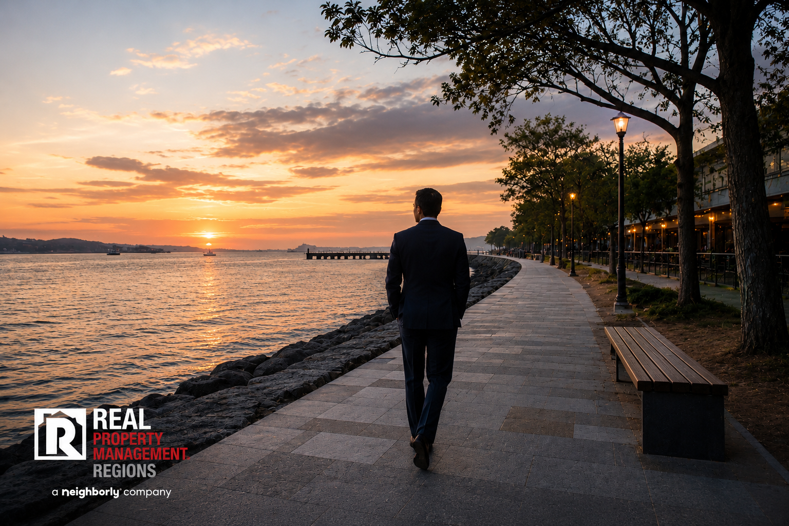 Business professional walking along a waterfront promenade at sunset representing calm long-term rental property investing and military relocation strategy in Virginia