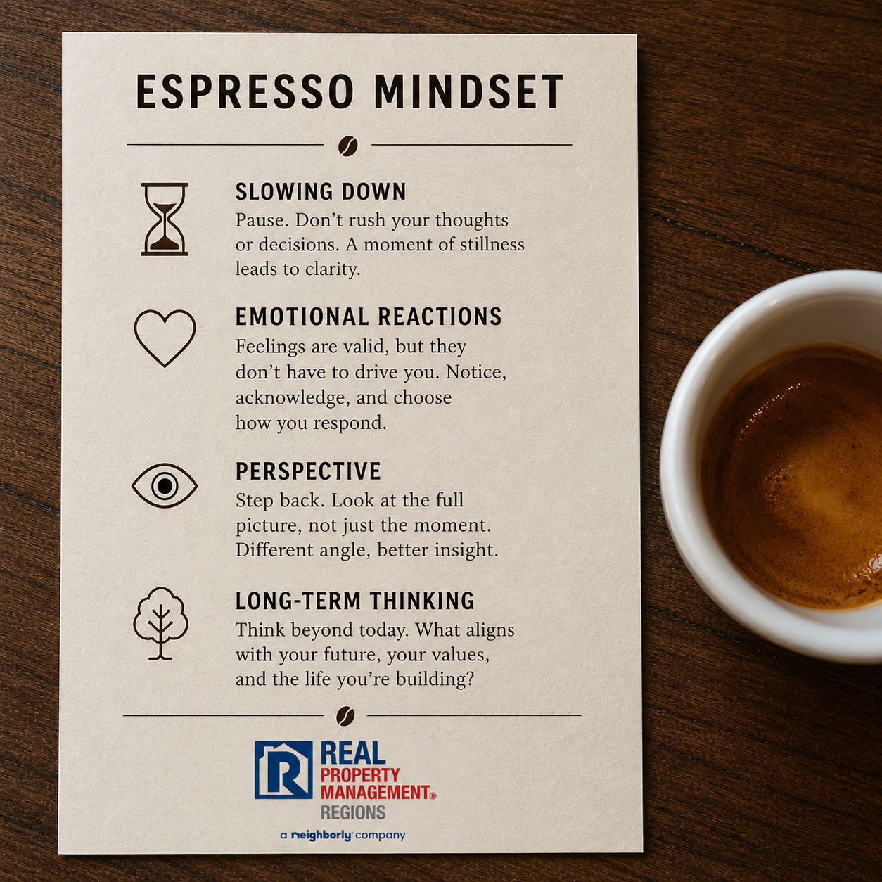 Espresso mindset graphic beside a cup of espresso highlighting patience perspective and long-term thinking for real estate investors