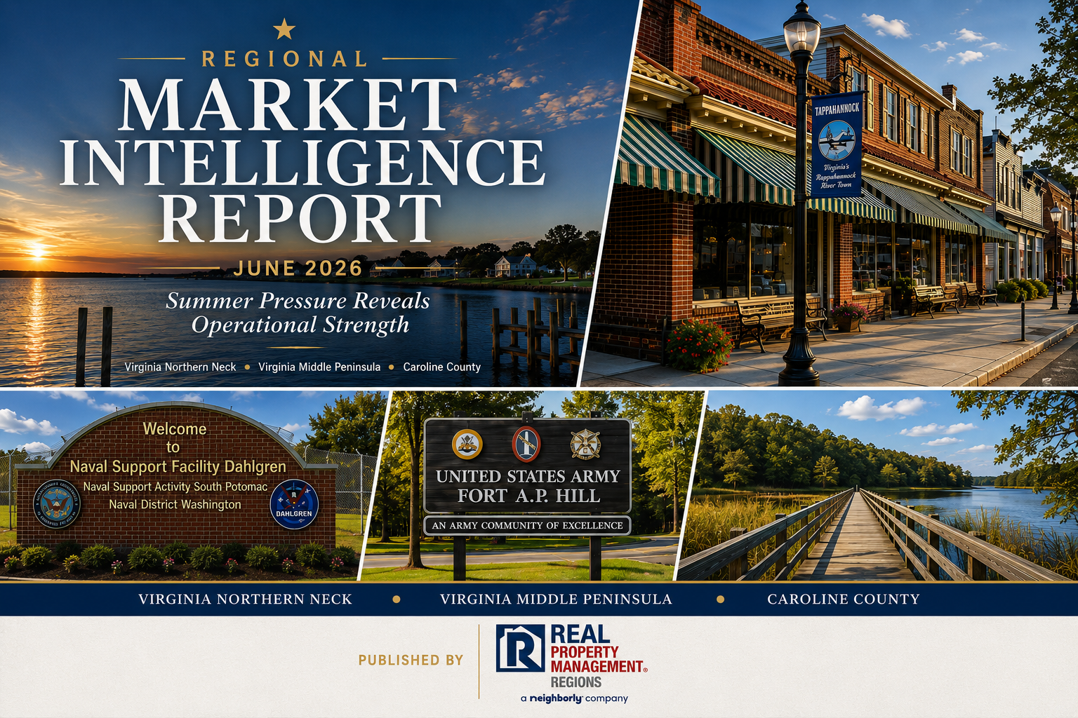 Virginia Northern Neck rental market report for June 2026 featuring the Virginia Middle Peninsula, Caroline County, Naval Support Facility Dahlgren, Fort A.P. Hill, Tappahannock, Colonial Beach, and waterfront communities.