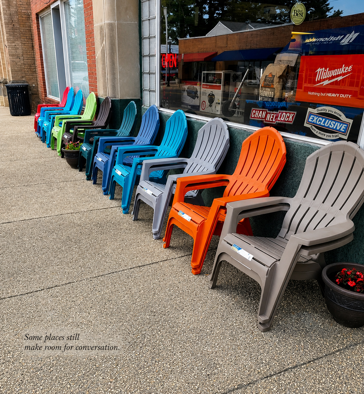 Colorful chairs outside a local hardware store, symbolizing conversation, community, and small-town life in Virginia’s Northern Neck, Middle Peninsula, and Caroline County.