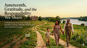 Three generations of an African American family walking together through the Virginia countryside during a Juneteenth reflection on opportunity, community, and service in the Northern Neck, Middle Peninsula, and Caroline County.