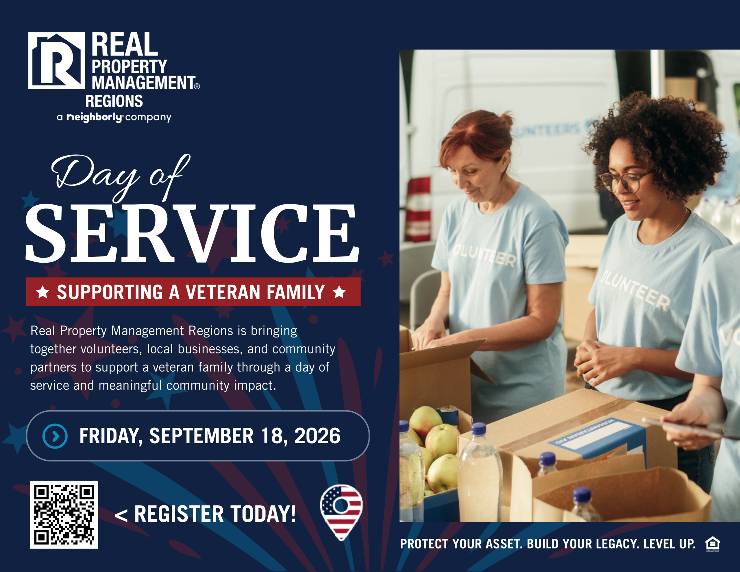 Real Property Management Regions Day of Service Flyer details showcasing project schedules, partner logos, and contact instructions.