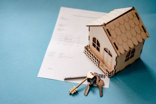 a small wooden house model and keys on an invoice