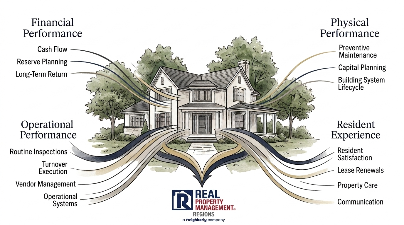 Editorial illustration showing how financial performance, physical performance, operational performance, and resident experience work together to improve rental property asset performance.
