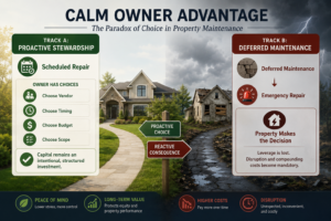 Calm Owner Advantage infographic comparing proactive property maintenance with deferred maintenance, showing how preventive repairs protect rental property value, cash flow, and long-term real estate investment performance.