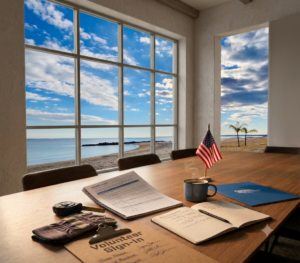 Planning materials, volunteer sign-in sheet, coffee, and an American flag inside the Real Property Management Regions conference room overlooking Colonial Beach before the inaugural Day of Service.