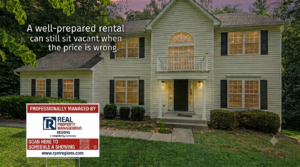 Well-prepared Virginia rental home with a Real Property Management Regions sign, illustrating how incorrect pricing can prolong vacancy.