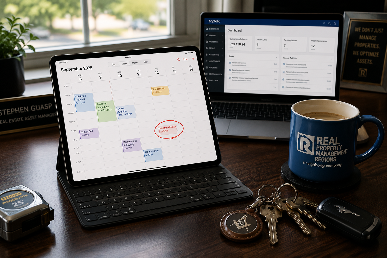 A full calendar representing the competing business, family, and community commitments behind the Real Property Management Regions Day of Service