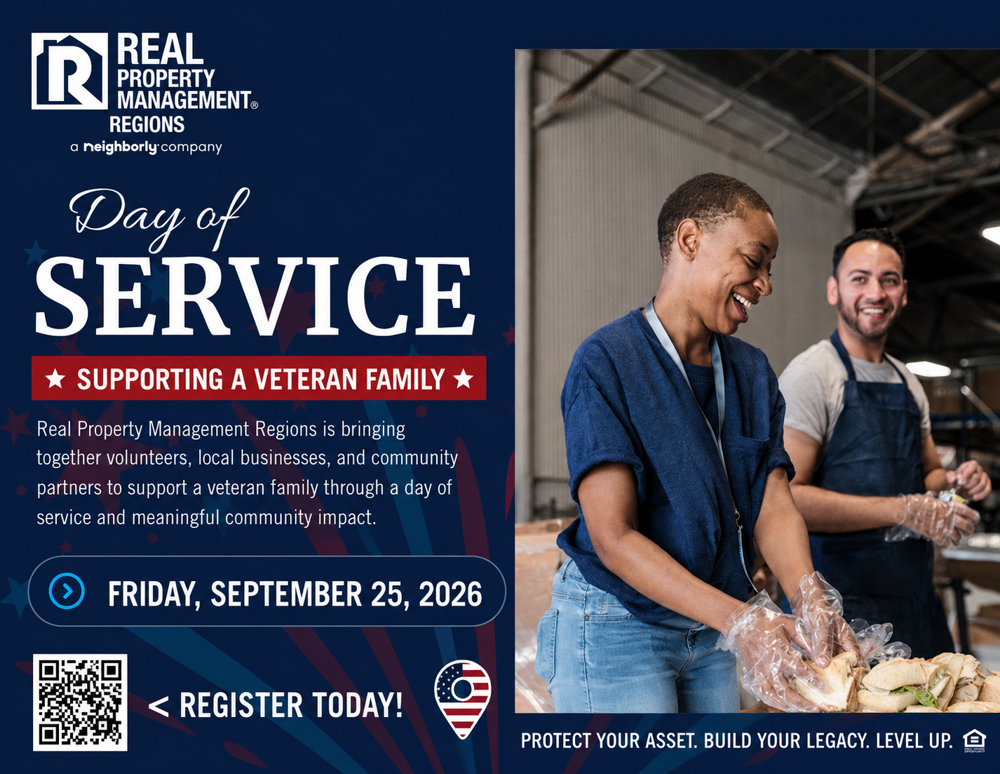 Real Property Management Regions Day of Service flyer for September 25, 2026 supporting a veteran family