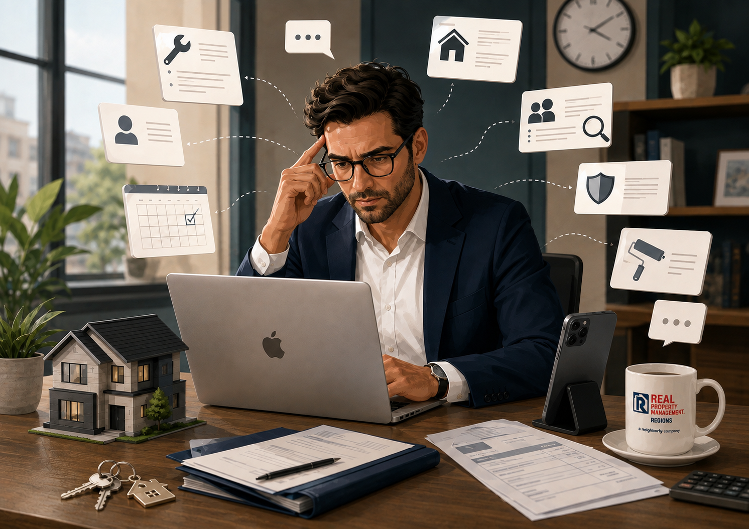 Self-managing rental property owner juggling leasing, maintenance, screening and property management responsibilities