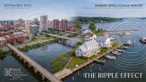 Richmond Virginia skyline blending into a waterfront community in the Northern Neck and Middle Peninsula for the September 2026 Market Intelligence Report.