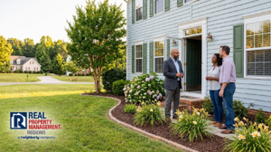 Property manager speaking with prospective residents outside a Virginia rental home