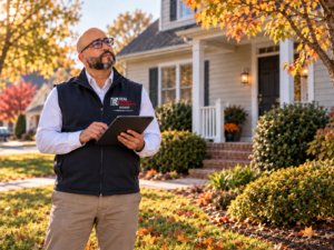Stephen Guasp reviewing a rental property outside a home in autumn while holding a tablet