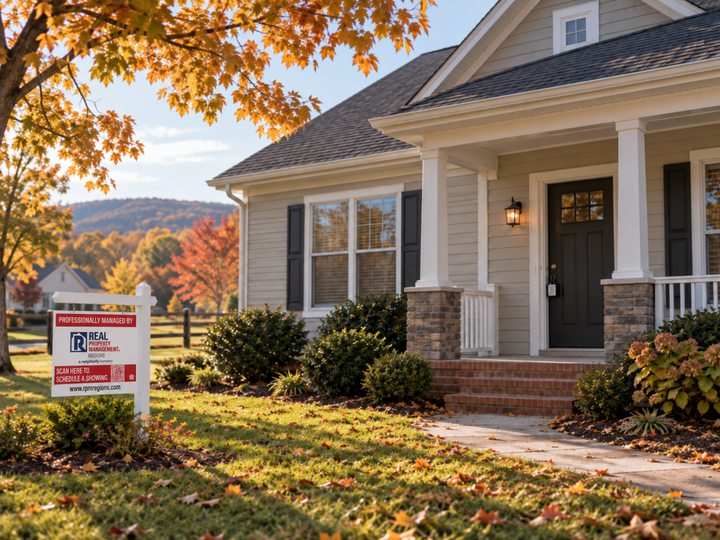 Vacant Rental Property Leasing Strategy Vacant Virginia rental property with a Real Property Management Regions leasing sign during fall