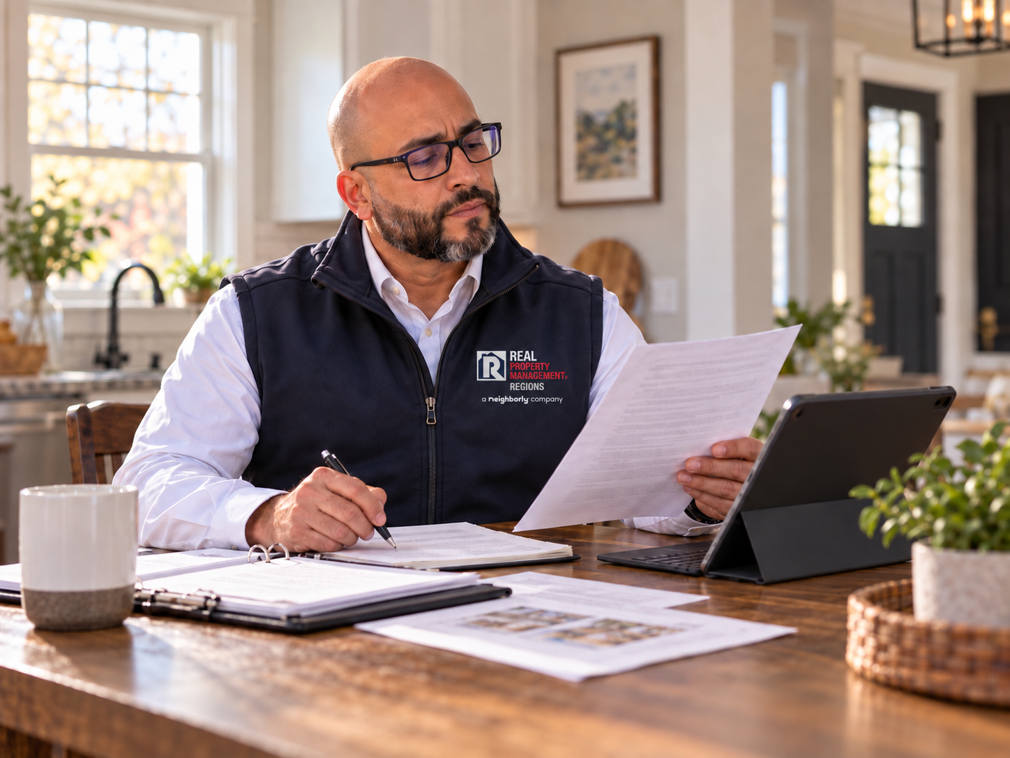 Behind the Scenes of Professional Property Management Stephen Guasp reviewing rental property documents and management records at a table