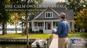 Property manager reviewing a waterfront rental home with a tablet using an asset management approach