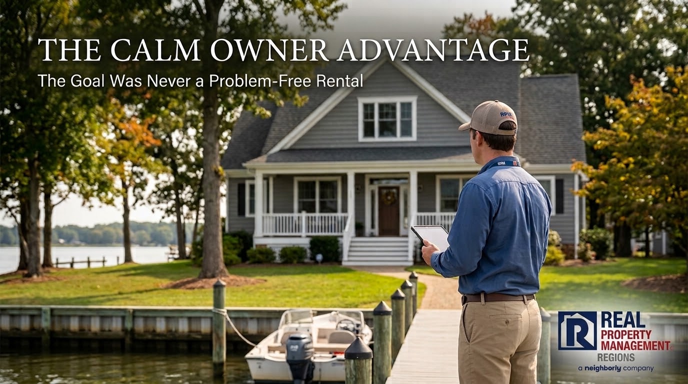 The Calm Owner Advantage – Rental Property Asset Management Property manager reviewing a waterfront rental home using an asset management approach