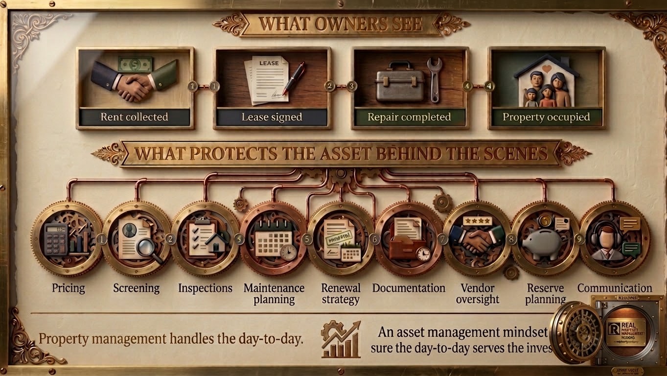 What Protects a Rental Property Asset Behind the Scenes Infographic showing visible property management tasks and the behind-the-scenes systems that protect a rental property asset