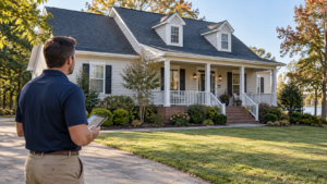 Property manager reviewing a well-maintained single-family home with a tablet.