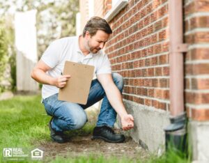 The home inspector is checking the building structure and foundation.