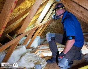 Home inspector kneels inside a finished attic of a residential property.
