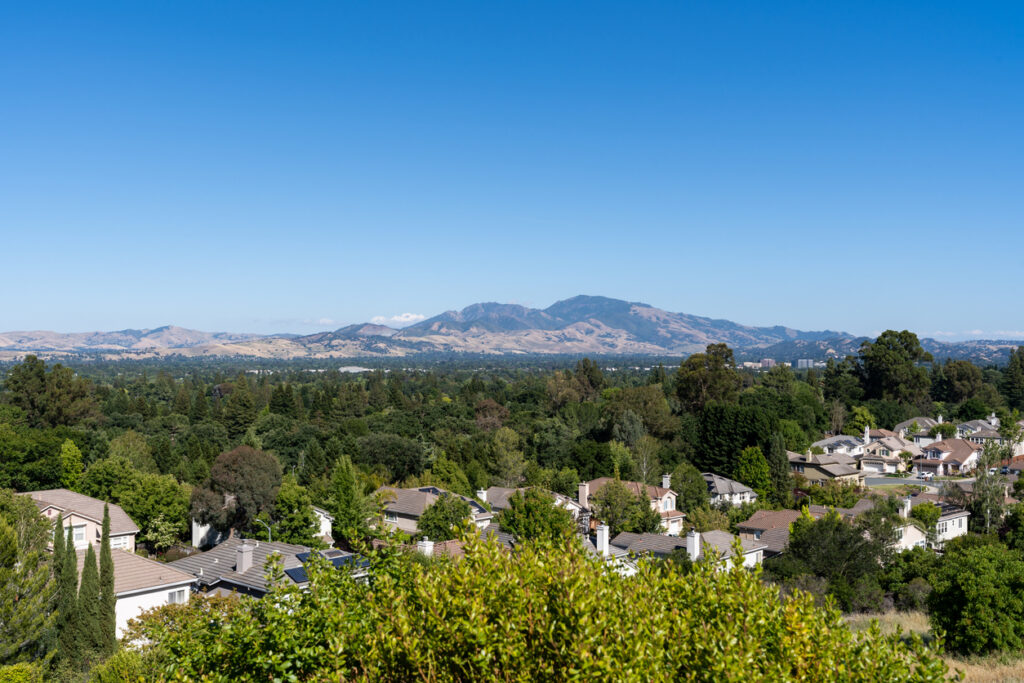 Looking across homes and full green trees of Contra Costa County to Mt. Diablo, California