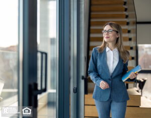 Modern female property manager, wearing suit and eyeglasses holding notebook ready for meeting.