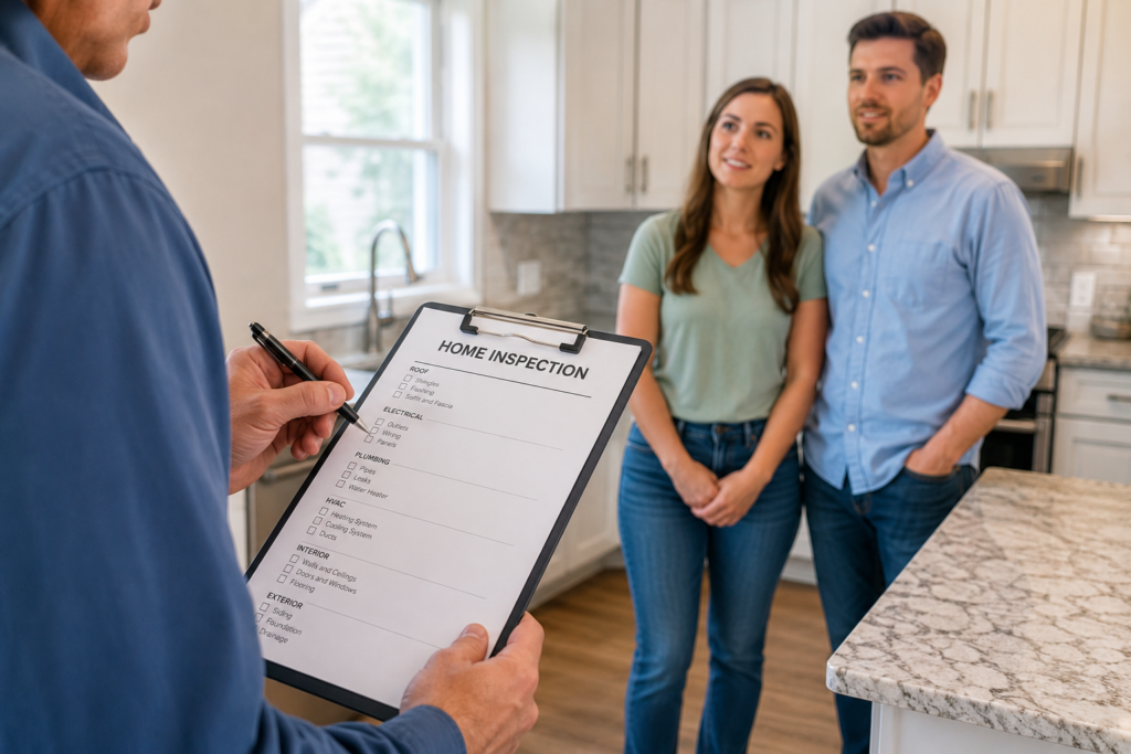 property manager holding a clipboard doing a routine inspection with a couple standing nearby
