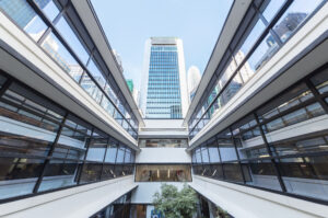 Bright and spacious atrium in a modern office building. 