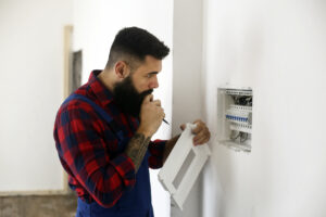 Electrician working on electrical components in a new house.

