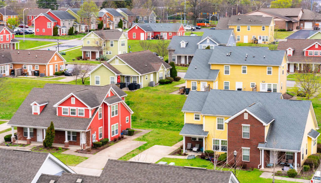 High angle view of large detached houses on a modern development in Nashville, Tennessee.