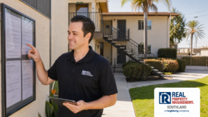 Miles Williams checks a posted owner or agent information notice at a six-unit Cerritos apartment property, illustrating California Title 25 compliance.