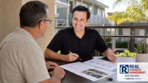 Miles Williams holds a transparent manager-selection consultation with a 15-unit Torrance apartment owner using comparison sheets, property photos, and keys.