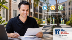 Miles Williams reviews a water, gas, and electric allocation diagram for a Long Beach multifamily property using ratio utility billing.