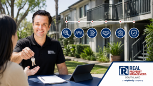 Miles Williams completes a tenant key handoff at a Signal Hill apartment property beneath a six-stage leasing and protection timeline.