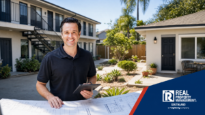 Miles Williams reviews plans between a Long Beach small multifamily building and a backyard accessory dwelling unit, conveying coordinated management of both structures.