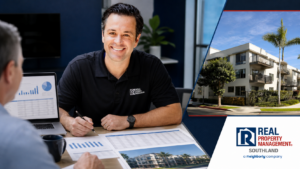 Miles Williams reviews financial charts and a rent-roll grid beside a Long Beach multifamily acquisition image.
