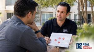 Miles Williams calmly reviews an alert-marked payment calendar with a concerned Long Beach rental owner.