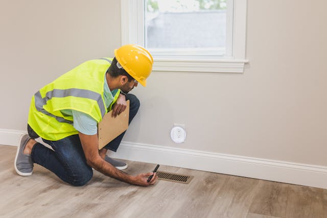 construction-worker-inspecting-floor-vent-with-clipboard-and-flashlight