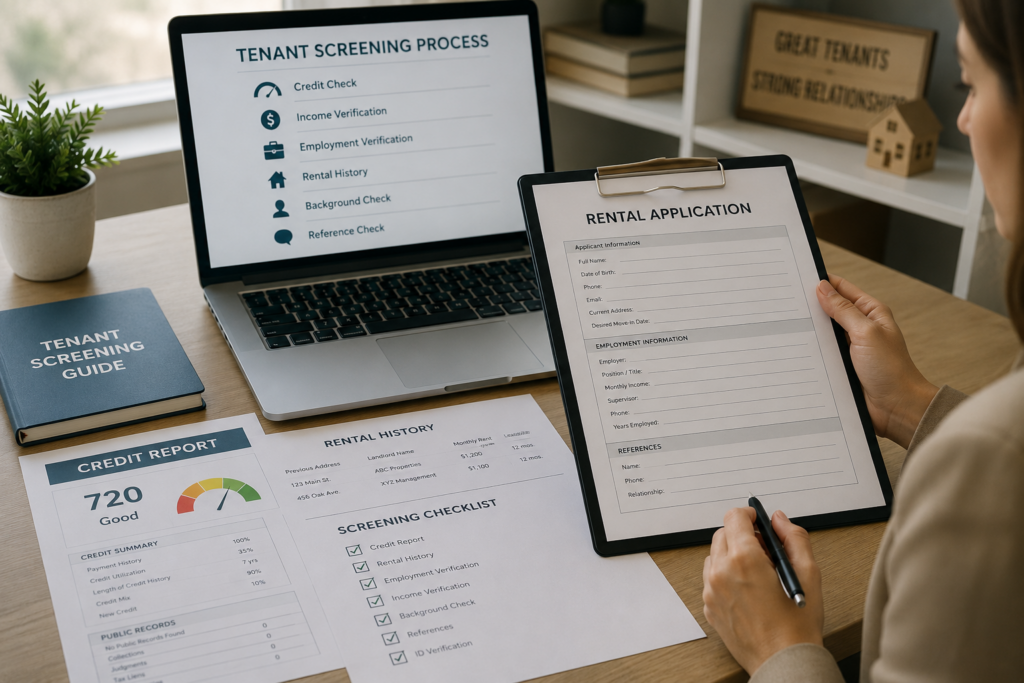 landlord looking at a rental application with papers and a laptop explaining the tenant screening process